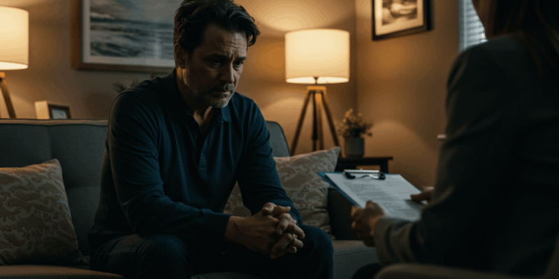a man experiencing emotional turmoil and seeking professional help for his mental health