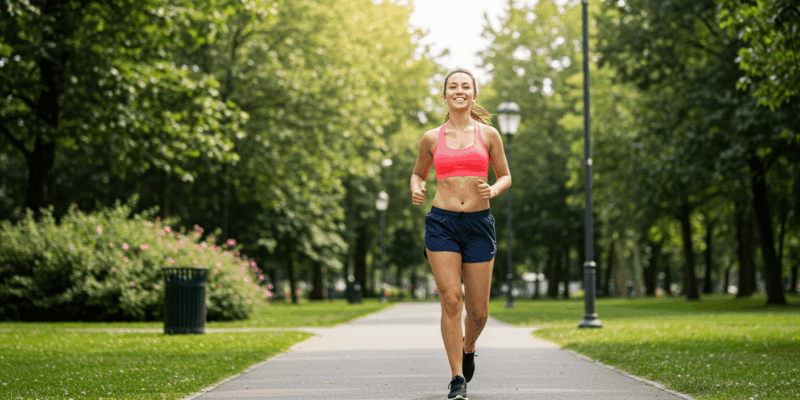 a person exercising outdoors in a park feeling energized and happy with a clear sky and lush greenery
