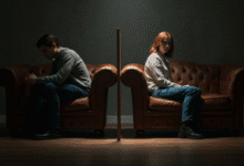 a couple sitting on opposite ends of a couch with a subtle psychological barrier between them