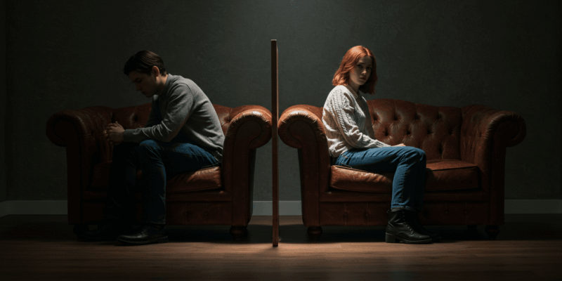 a couple sitting on opposite ends of a couch with a subtle psychological barrier between them