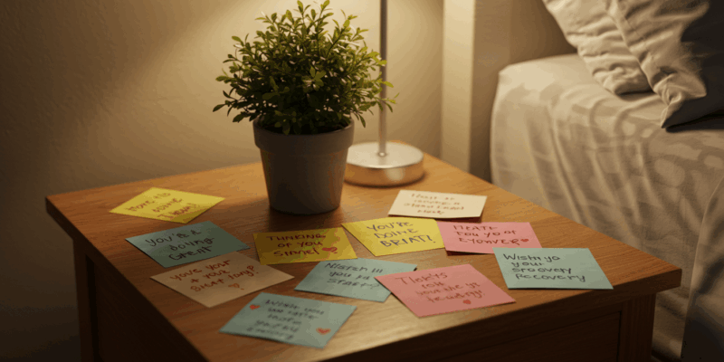a collection of short handwritten notes with uplifting messages on a bedside table next to a small plant conveying encouragement and quick recovery